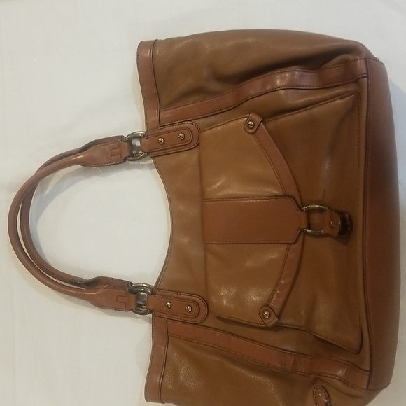 COLE HAAN LEATHER TOTE HANDBAG WITH FRANT PACKET LINED OUTER INSIDE 3 pocket - Picture 2 of 8